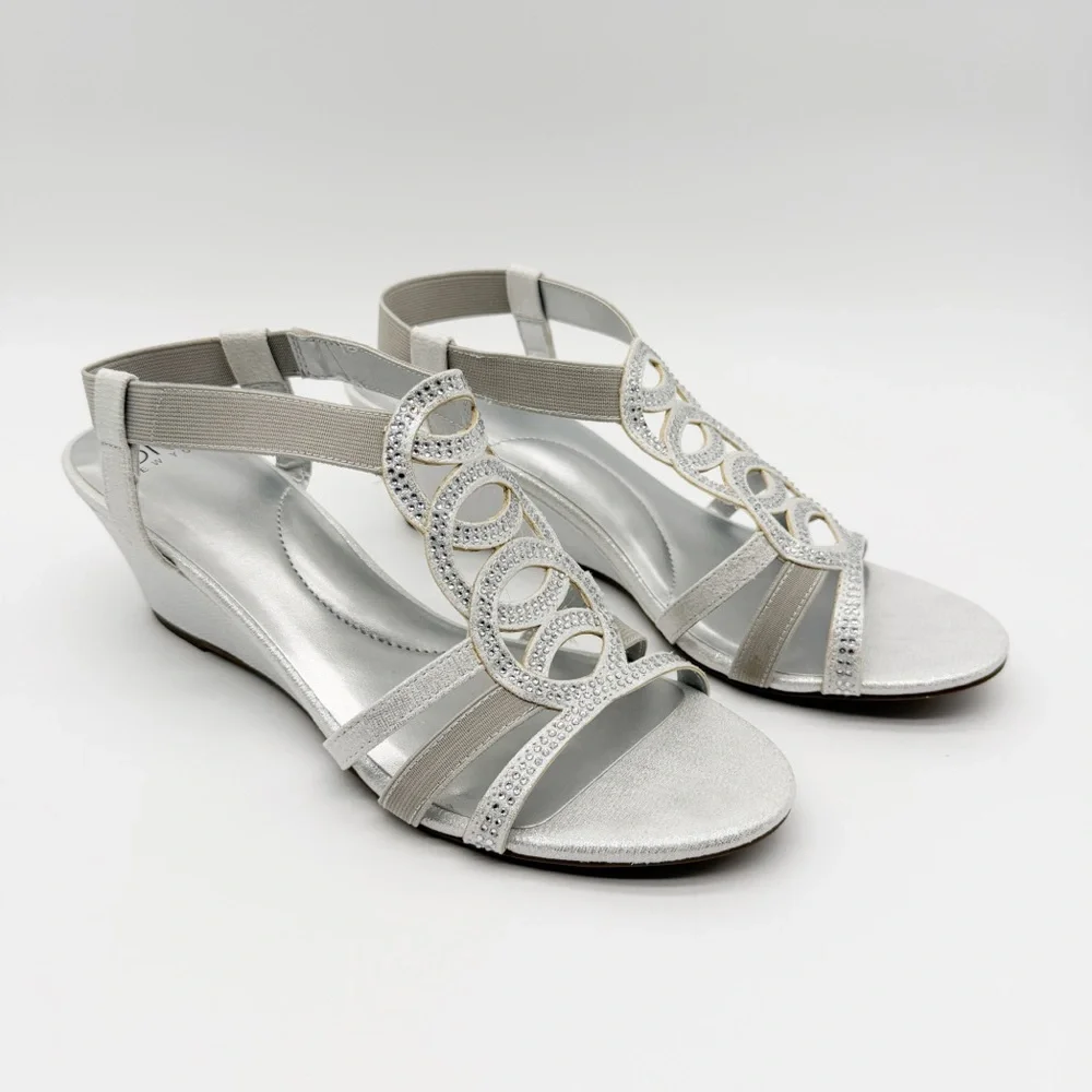 Jones New York Denice Strappy Bling Wedge Sandals Elastic Ankle Silver 7 NEW